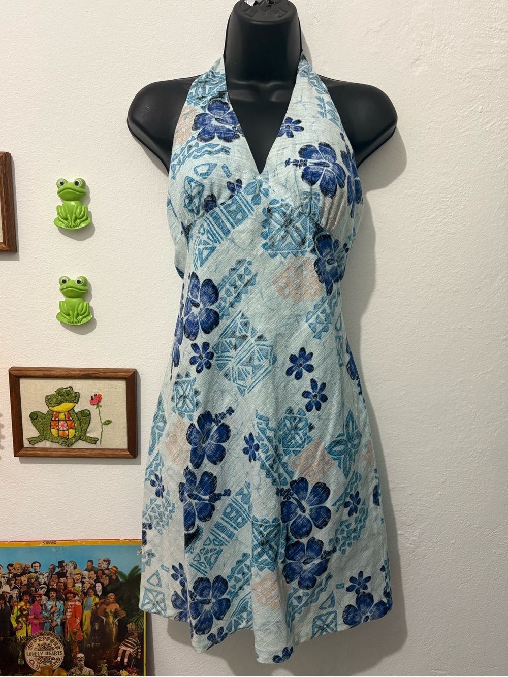 Vintage Jade Light Blue Hawaiian Halter Dress with Navy Floral Print Cotton